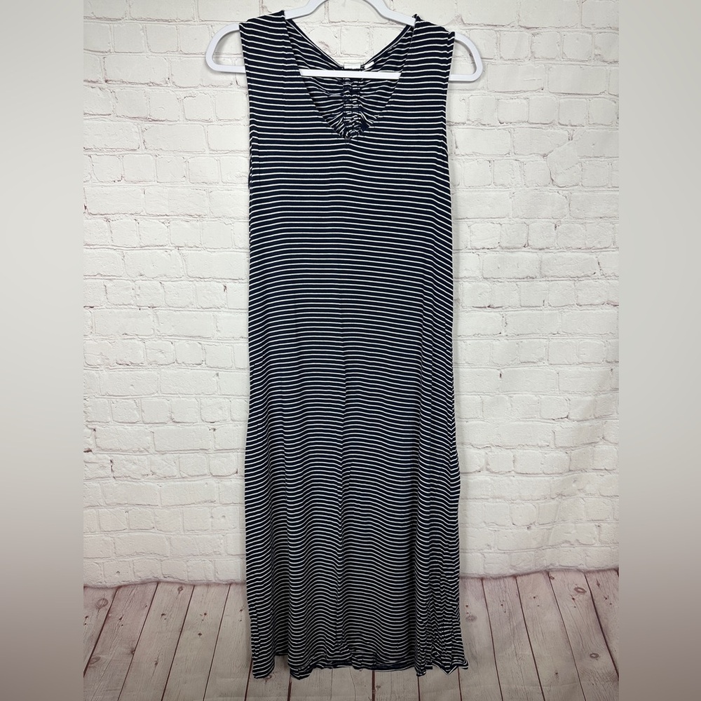 GAP navy blue striped knit midi sleeveless dress back cutout sz M GUC nautical